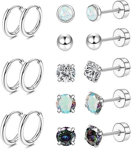 Diamday 8Paare Titan-Stahl Piercing Ohrstecker Set 20G Hoop Creolen Ohrringe für Damen Herren Kleine Kugel Opal CZ Flache Rückseite Ohrringe Tragus Knorpel Helix Kleine Creolen für Mehrere Piercings von Diamday