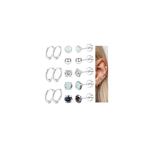 Diamday 8Paare Titan-Stahl Piercing Ohrstecker Set 20G Hoop Creolen Ohrringe für Damen Herren Kleine Kugel Opal CZ Flache Rückseite Ohrringe Tragus Knorpel Helix Kleine Creolen für Mehrere Piercings von Diamday
