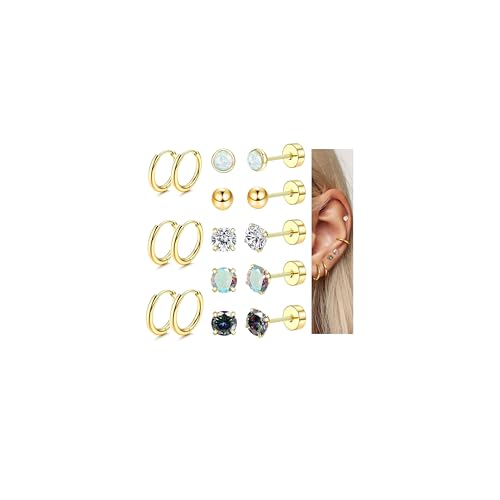 Diamday 8Paare Titan-Stahl Piercing Ohrstecker Set 20G Hoop Creolen Ohrringe für Damen Herren Kleine Kugel Opal CZ Flache Rückseite Ohrringe Tragus Knorpel Helix Kleine Creolen für Mehrere Piercings von Diamday
