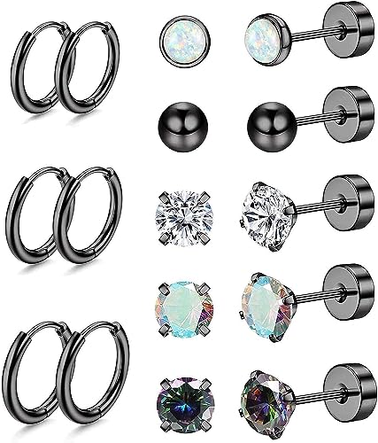 Diamday 8Paare Titan-Stahl Piercing Ohrstecker Set 20G Hoop Creolen Ohrringe für Damen Herren Kleine Kugel Opal CZ Flache Rückseite Ohrringe Tragus Knorpel Helix Kleine Creolen für Mehrere Piercings von Diamday