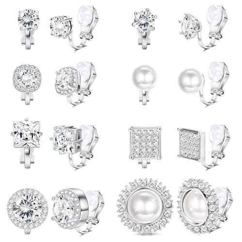 Diamday 8Pairs Cubic Zirkonia Peal Clip auf Ohrstecker für Frauen simuliert Diamant Halo nicht durchbohrt Ohrring Frauen Clip auf Ohrringe Set für Jahrestag von Diamday