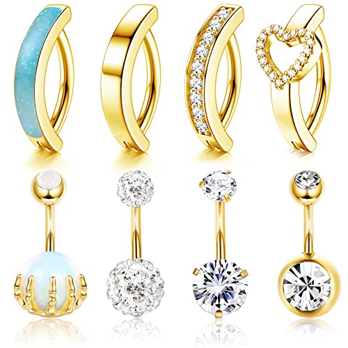 Diamday 8Stück 14G Clicker Bauchnabelpiercing für Damen Chirurgenstahl Bauchnabel Piercing Ringe CZ Herz Umgekehrt Gebogen Barbell Bananabells Nabel Ringe Körper Piercing Schmuck Gold von Diamday