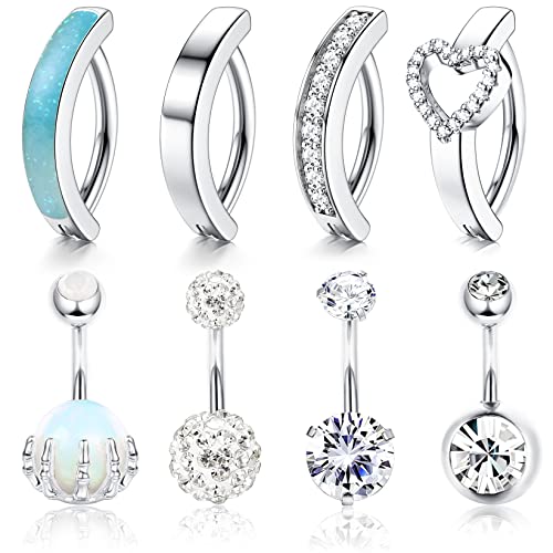 Diamday 8Stück 14G Clicker Bauchnabelpiercing für Damen Chirurgenstahl Bauchnabel Piercing Ringe CZ Herz Umgekehrt Gebogen Barbell Bananabells Nabel Ringe Körper Piercing Schmuck Silber von Diamday