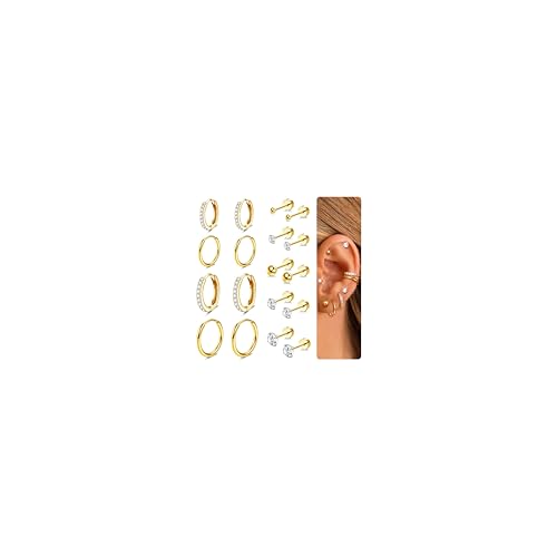 Diamday 9 Paar Ohrringe Gold Set, Creolen Gold Kleinfür für Damen Herren Ohrstecker Mehrfachpiercing Hypoallergene 14K Vergoldet Kleine Knorpelohrringe Hypoallergen Huggie Helix Knorpel Ohrringe von Diamday