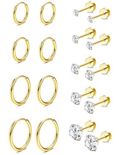 Diamday 9 Paar Ohrringe Gold Set, Creolen Gold Kleinfür für Damen Herren Ohrstecker Mehrfachpiercing Hypoallergene 14K Vergoldet Kleine Knorpelohrringe Hypoallergen Huggie Helix Knorpel Ohrringe von Diamday