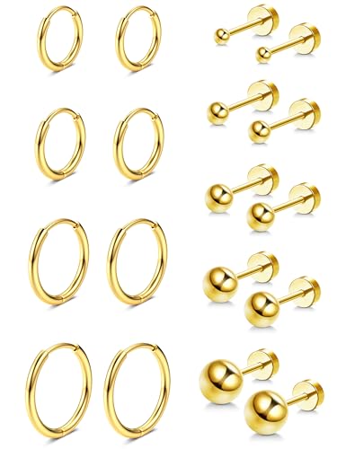 Diamday 9 Paar Ohrringe Gold Set, Creolen Gold Kleinfür für Damen Herren Ohrstecker Mehrfachpiercing Hypoallergene 14K Vergoldet Kleine Knorpelohrringe Hypoallergen Huggie Helix Knorpel Ohrringe von Diamday