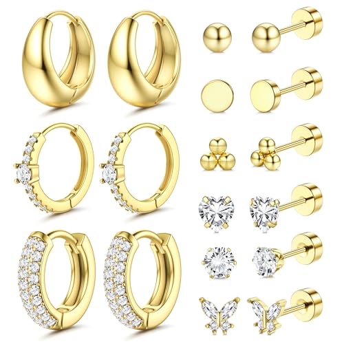 Diamday 9 Paar Ohrringe Set Piercing Ohr Gold Silber Helix Piercings Chirurgenstahl Ohrringe für Damen Klein Creolen Flache Medizinische Ohrstecker Conch Helix Tragus Piercing für Mehrere Ohrlöcher von Diamday