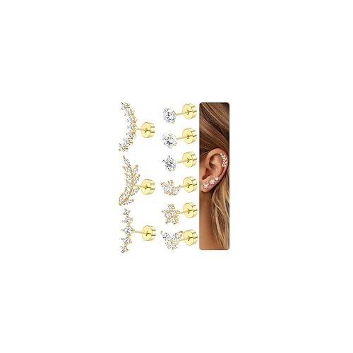 Diamday 9Pcs Helix Piercings Chirurgenstahl Piercing Ohr für Damen Tragus Piercing Ohrringe Set Hypoallergen Flatback Ohrstecker Ohrpiercing Helix Tragus Conch Rook Piercings Ohr Gold Silber von Diamday