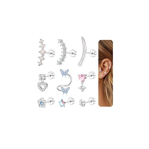 Diamday 9Pcs Helix Piercings Chirurgenstahl Piercing Ohr für Damen Tragus Piercing Ohrringe Set Hypoallergen Flatback Ohrstecker Ohrpiercing Helix Tragus Conch Rook Piercings Ohr Gold Silber von Diamday