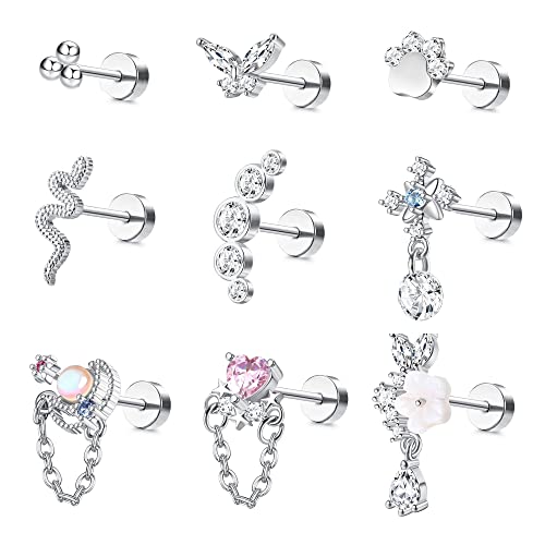 Diamday 9 Stück 16G Knorpel Ohrringe für Damen Helix Piercings Tragus Ohrstecker Set Tragus Helix Flat Back Conch Ohrringe Labret CZ Baumeln Ohrringe Schmetterling Mond Ohr Piercing von Diamday