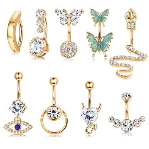 Diamday 9 Stück Bauchnabelpiercing für Frauen Chirurgenstahl CZ Bauchpiercing Kugeln Nabelpiercing Körper Piercing Schmuck Set mit Anhänger Butterfly Schlange Böses Auge Herz Bauchnabelringe Gold von Diamday