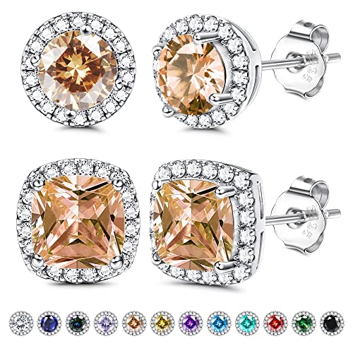 Diamday 925 Sterling Silber Halo Ohrstecker für Damen Cubic Zirkonia Ohrstecker 18K Weißgold Plattiert Runde Quadratische Diamonique Ohrstecker Set CZ Geburtsstein-Schmuck Geschenke von Diamday