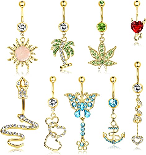 Diamday 9Stück 14G Bauchnabel Ringe für Damen 316L Edelstahl CZ Bauchnabelpiercing Baumeln Herz Sonne Schmetterling Gebogene Bauchnabel Barbell Nabel Körperschmuck Piercing Bauchnabel Gold von Diamday