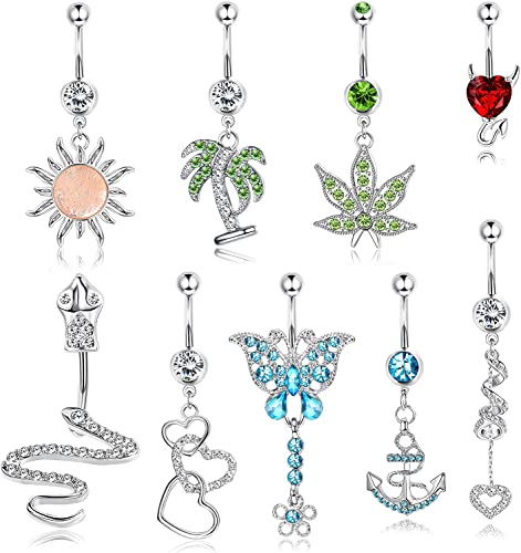 Diamday 9Stück 14G Bauchnabel Ringe für Damen 316L Edelstahl CZ Bauchnabelpiercing Baumeln Herz Sonne Schmetterling Gebogene Bauchnabel Barbell Nabel Körperschmuck Piercing Bauchnabel Silber von Diamday