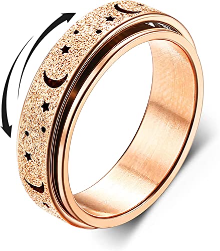 Diamday Anti-Angst Spinner Ringe Fidget Band Ringe für Stress Angstlinderung für Damen Herren Edelstahl Roller Ringe Stress Ringe Drehbarer Ringe Angst Ringe Mondstern Sand Blast Finish Roségold 49 von Diamday