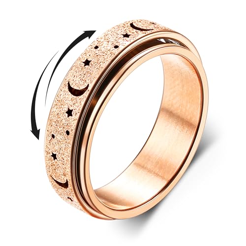 Diamday Anti-Angst Spinner Ringe Fidget Band Ringe für Stress Angstlinderung für Damen Herren Edelstahl Roller Ringe Stress Ringe Drehbarer Ringe Angst Ringe Mondstern Sand Blast Finish Roségold 49 von Diamday