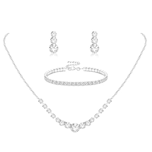 Diamday Brautschmuck Schmuck Set für Damen Silberschmuck Set Strass Kristall Halskette Tropfen Ohrringe Link Armreif Armband Hochzeitsschmuck Sets für Bräute Bridemaid Prom Kostüm Zubehör von Diamday