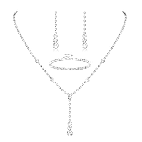 Diamday Brautschmuck Schmuck Set für Damen Silberschmuck Set Strass Kristall Halskette Tropfen Ohrringe Link Armreif Armband Hochzeitsschmuck Sets für Bräute Bridemaid Prom Kostüm Zubehör von Diamday