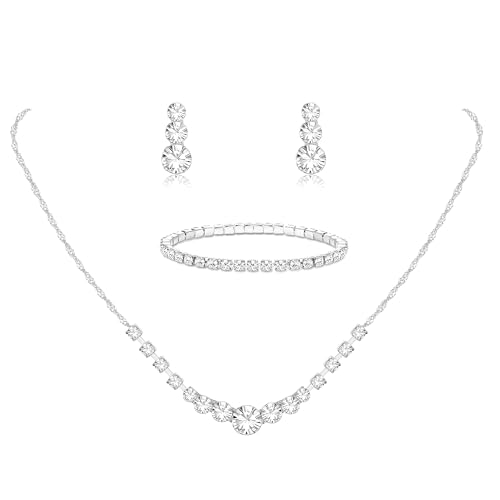 Diamday Brautschmuck Schmuck Set für Damen Silberschmuck Set Strass Kristall Halskette Tropfen Ohrringe Link Armreif Armband Hochzeitsschmuck Sets für Bräute Bridemaid Prom Kostüm Zubehör von Diamday