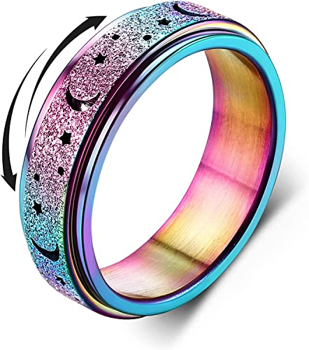 Diamday Anti-Angst Spinner Ringe Fidget Band Ringe für Stress Angstlinderung für Damen Herren Edelstahl Roller Ringe Stress Ringe Drehbarer Ringe Angst Ringe Mondstern Sand Blast Finish Mehrfarbig 57 von Diamday