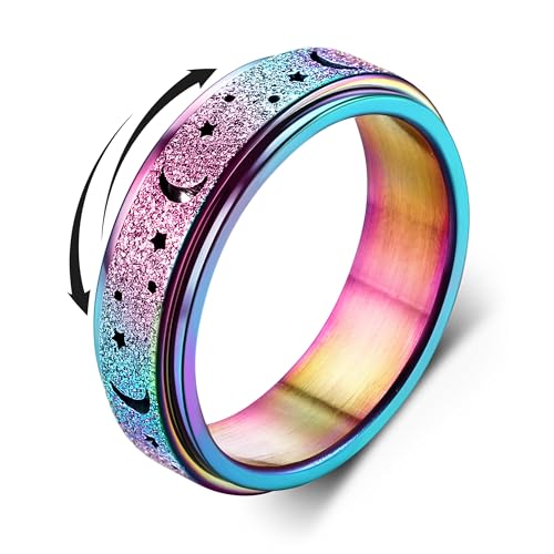 Diamday Anti-Angst Spinner Ringe Fidget Band Ringe für Stress Angstlinderung für Damen Herren Edelstahl Roller Ringe Stress Ringe Drehbarer Ringe Angst Ringe Mondstern Sand Blast Finish Mehrfarbig 52 von Diamday