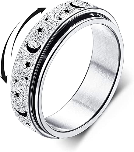 Diamday Anti-Angst Spinner Ringe Fidget Band Ringe für Stress Angstlinderung für Damen Herren Edelstahl Roller Ringe Stress Ringe Drehbarer Ringe Angst Ringe Mondstern Sand Blast Finish Silber 60 von Diamday