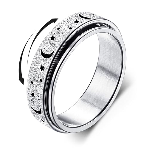 Diamday Anti-Angst Spinner Ringe Fidget Band für Damen Herren - Edelstahl Roller Ringe Stress Ringe mit Drehfunktion und Mondstern Sand Blast Finish in Silber 54 von Diamday