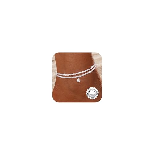 Diamday Fußkettchen für Damen Silber 925 Fussketten für Frauen Verstellbares Zierlich Fußkette Silber Perlen Funkelnd CZ Herz Stapelbare Fusskette Set Strand Schmuck Fußkettchen Damen von Diamday