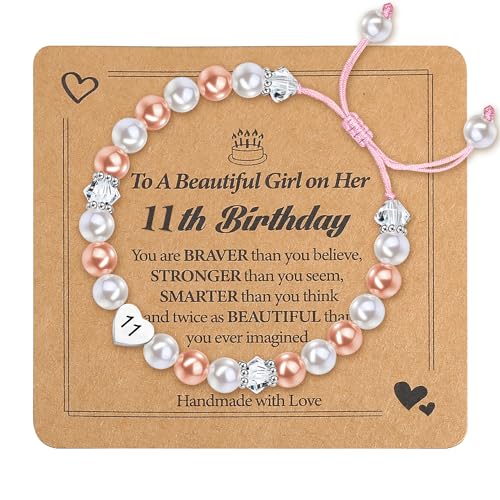 Diamday Geschenk Mädchen 11 Jahre Geburtstag Mädchen Armband Mädchen Einstellbare Armband Kinder Mädchen Perle Herz Charms Armband Geburtstag Geschenke für Tochter Enkelin Nichte Schmuck Mädchen von Diamday