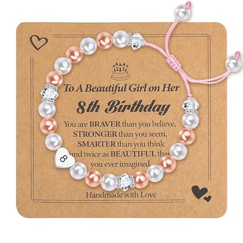 Diamday Geschenk Mädchen 8 Jahre Geburtstag Mädchen Armband Mädchen Einstellbare Armband Kinder Mädchen Perle Herz Charms Armband Geburtstag Geschenke für Tochter Enkelin Nichte Schmuck Mädchen von Diamday
