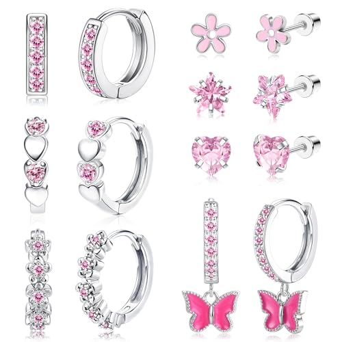 Diamday 7 Paar Hypoallergene Ohrringe für Mädchen Damen Chirurgenstahl Creolen Ohrringe Set Ohrstecker Kinder Ohrringe Mädchen Huggie Herz CZ Stern Blume Tragus Knorpel Piercing Rosa Mehrfarbig von Diamday