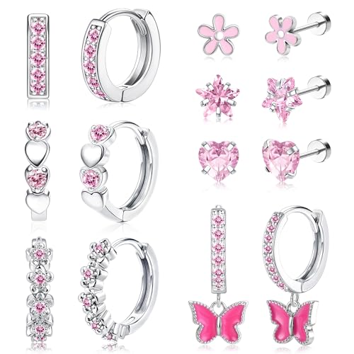 Diamday 7 Paar Hypoallergene Ohrringe für Mädchen Damen Chirurgenstahl Creolen Ohrringe Set Ohrstecker Kinder Ohrringe Mädchen Huggie Herz CZ Stern Blume Tragus Knorpel Piercing Rosa Mehrfarbig von Diamday