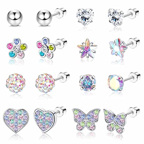 Diamday Hypoallergene Ohrringe mit Schraubverschluss für Mädchen und Frauen Edelstahl 316L Medizinische CZ Blume Herz Schmetterling Rosa Mehrfarbig Ohrstecker-Set von Diamday