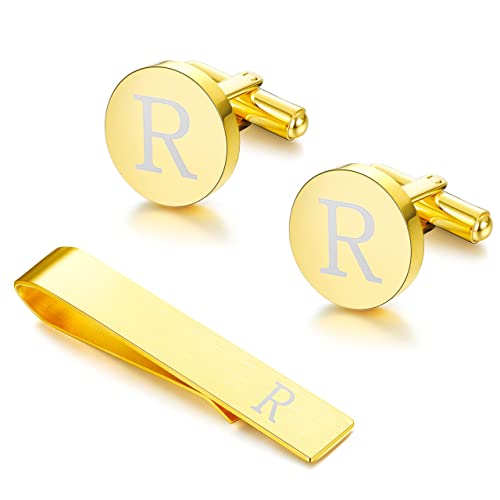 Diamday Initialen Manschettenknöpfe & Krawattenklammer Set für Männer Personalisierte Gold-Edelstahl-Manschettenknöpfe und Krawattenhalter Alphabet A-Z Geschenk mit Box für Hochzeit, Trauzeuge von Diamday