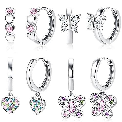 Diamday Kleine Ohrringe für Damen Mädchen Cubic Zirkonia Blume Doppel Liebe Herz Schläfer Creolen Tiny Cute CZ Schmetterling Hypoallergene Dangling Creolen Ohrringe Set von Diamday