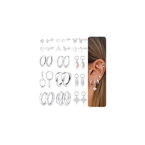 Diamday 12 Paar Hypoallergene Ohrring Set Für Damen Chirurgenstahl Ohrringe Silber Ohrringe Damen Creolen Piercing Ohr Silber Medizinische Creolen Ohrstecker Tragus Knorpel Helix Mehrfache Piercings von Diamday