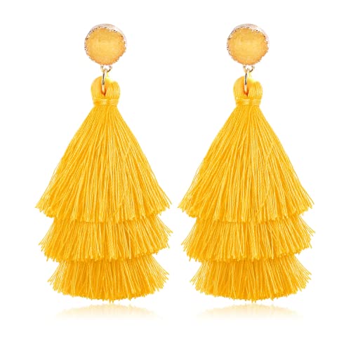 Diamday Tassel Anweisung Ohrringe für Damen Clip on Drop Ohrringe Bunte Böhmische Tiered Tassel Druzy Dangle Drop Ohrringe Nicht Piercing Schmuck Geburtstag Weihnachten von Diamday