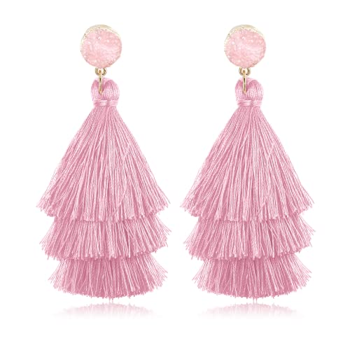 Diamday Tassel Anweisung Ohrringe für Damen Clip on Drop Ohrringe Bunte Böhmische Tiered Tassel Druzy Dangle Drop Ohrringe Nicht Piercing Schmuck Geburtstag Weihnachten von Diamday