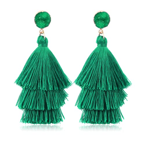 Diamday Tassel Anweisung Ohrringe für Damen Clip on Drop Ohrringe Bunte Böhmische Tiered Tassel Druzy Dangle Drop Ohrringe Nicht Piercing Schmuck Geburtstag Weihnachten von Diamday