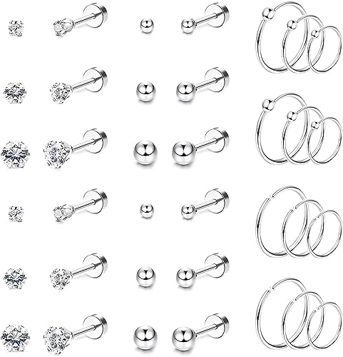 Diamday 18Paare Kleine Ohrstecker Hoops für Damen Herren Edelstahl Flache Knorpel Ohrringe Sets CZ Winzige Kugel Ohrringe Hoops Ohrstecker Hypoallergene Tragus Helix Piercing Ohrringe Silber von Diamday