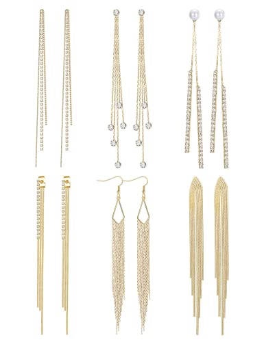 Diamday lange Quasten Ohrringe Dangle Drop Ohrringe für Damen Frauen , 6Pairs Silber/Gold Schlanke Metallkette Kristall Perle Strass Ohrringe Hochzeit Prom Schmuck Geschenk von Diamday