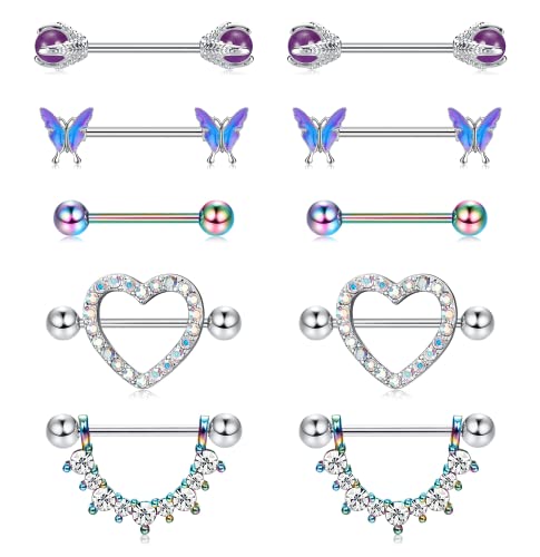 Dimaday 5 Paar Nippelpiercing Edelstahl Brustwarzenpiercing Zungenpiercing Schmuck Nippel Piercing Schmetterling Herz Nippelring CZ Langhantel 14G Nippel für Frauen Piercing von Diamday