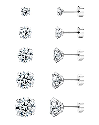 Dimaday 5 Paare 20G Medizinische Ohrstecker Edelstahl für Damen Herren CZ Flachem Rücken Cubic Zirkonia Knorpel Ohrringe Helix Piercing Tragus Flat Back Piercing Ohrringe Set ohrstecker von Diamday