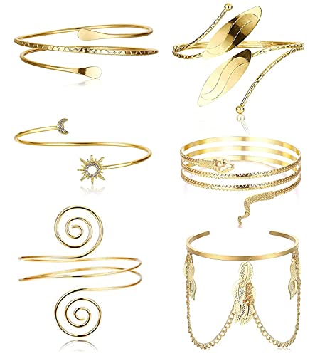 Dimaday 6 Stücke Oberarm Manschette Armreif Set für Frauen Damen Silber/Gold Verstellbaren Leaf Armband Viktorianisch Filigrane Windung Zigeuner Boho Punk Band Spiralarm Oberarmreif Schmuck von Diamday