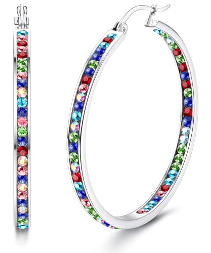 Dimaday Große Creolen Edelstahl Creolen für Frauen Multicolor Strass Creolen Nette Huggie Ohrringe Schmuck-Set 35MM/40MM/50MM von Diamday