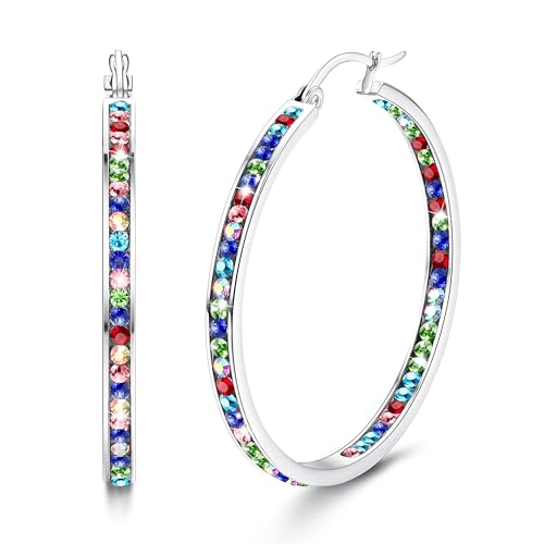 Dimaday Große Creolen für Frauen - Edelstahl Ohrringe Mit Multicolor Strass - Nette Huggie Schmuck-Set 35MM/40MM/50MM von Diamday