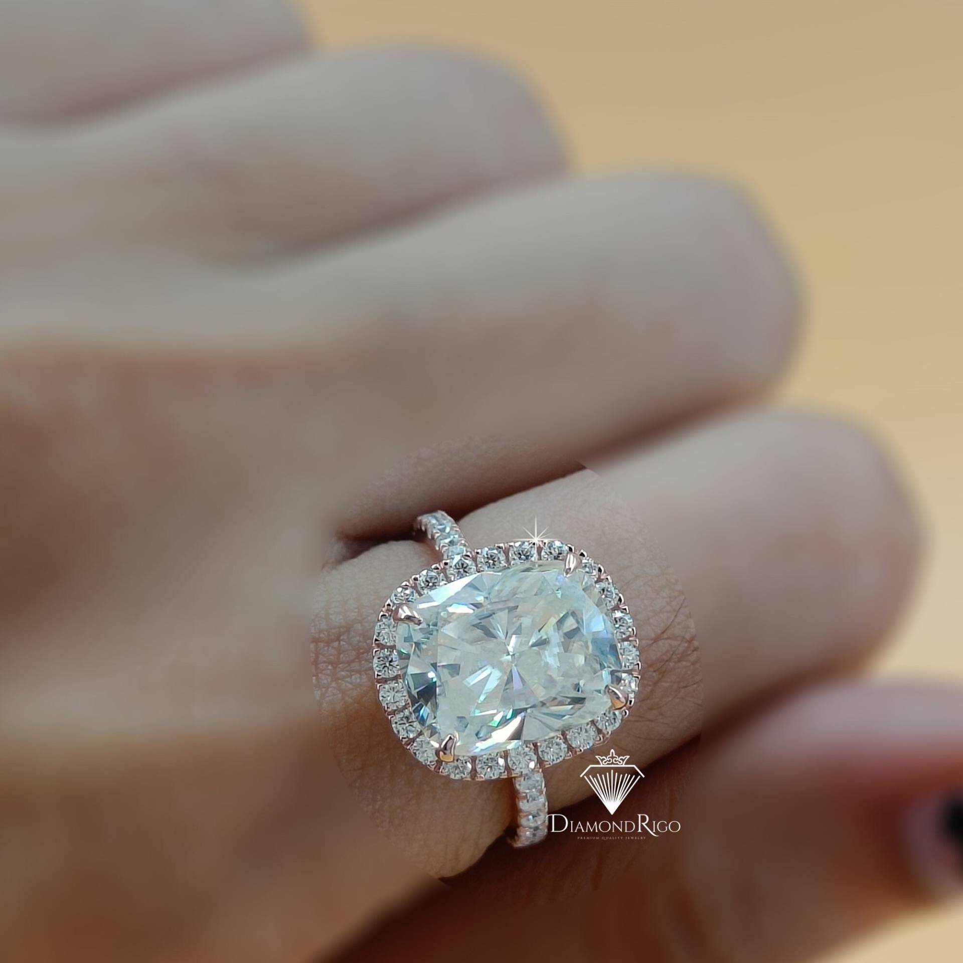 Moissanite Kissenschliff Verlobungsring, Halo Ehering, Längliche Kissen Jubiläumsring, 10K Roségold Versprechen Ringe Für Frauen, Geschenke von DiamondRigo