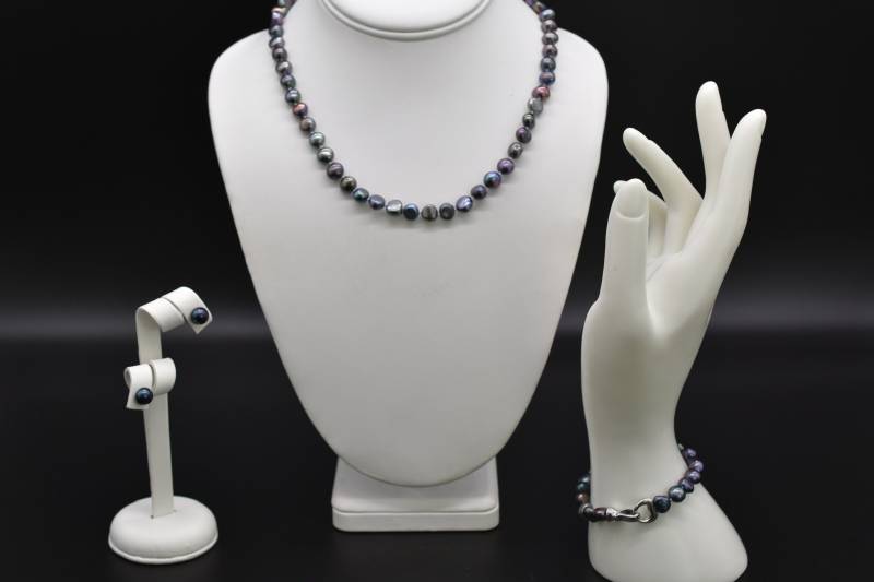 Süßwasser-Perlen-sterlingsilber-Halsketten Mit Passendem Armband Und Ohrstecker-Set | Weiß Schwarz von DiamondRiverJewelry