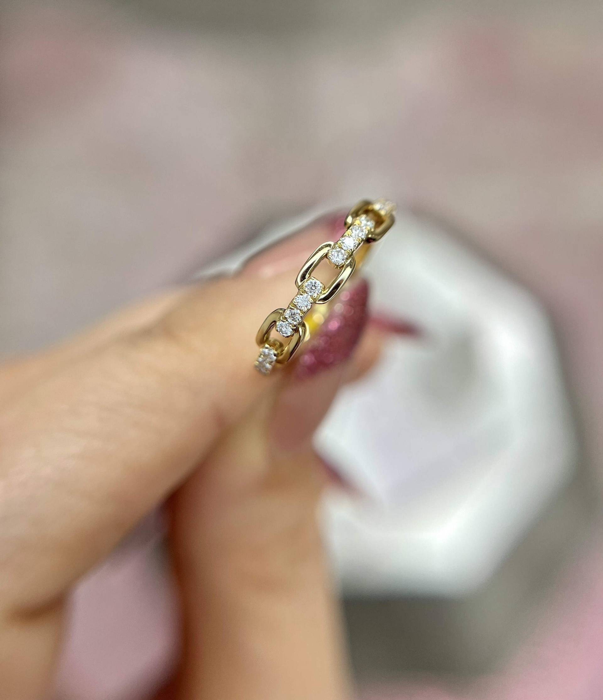 Diamant Offener Link-Modering in 14K, Pave Kettenring Gold, Stapelring, Zierlicher Kettenring, Geschenk Für Sie Diamant Offener Link-Modering in 14K, Pave Kettenring Gold, Stapelring, Zierlicher Kettenring, Geschenk Für Sie von Diamondful
