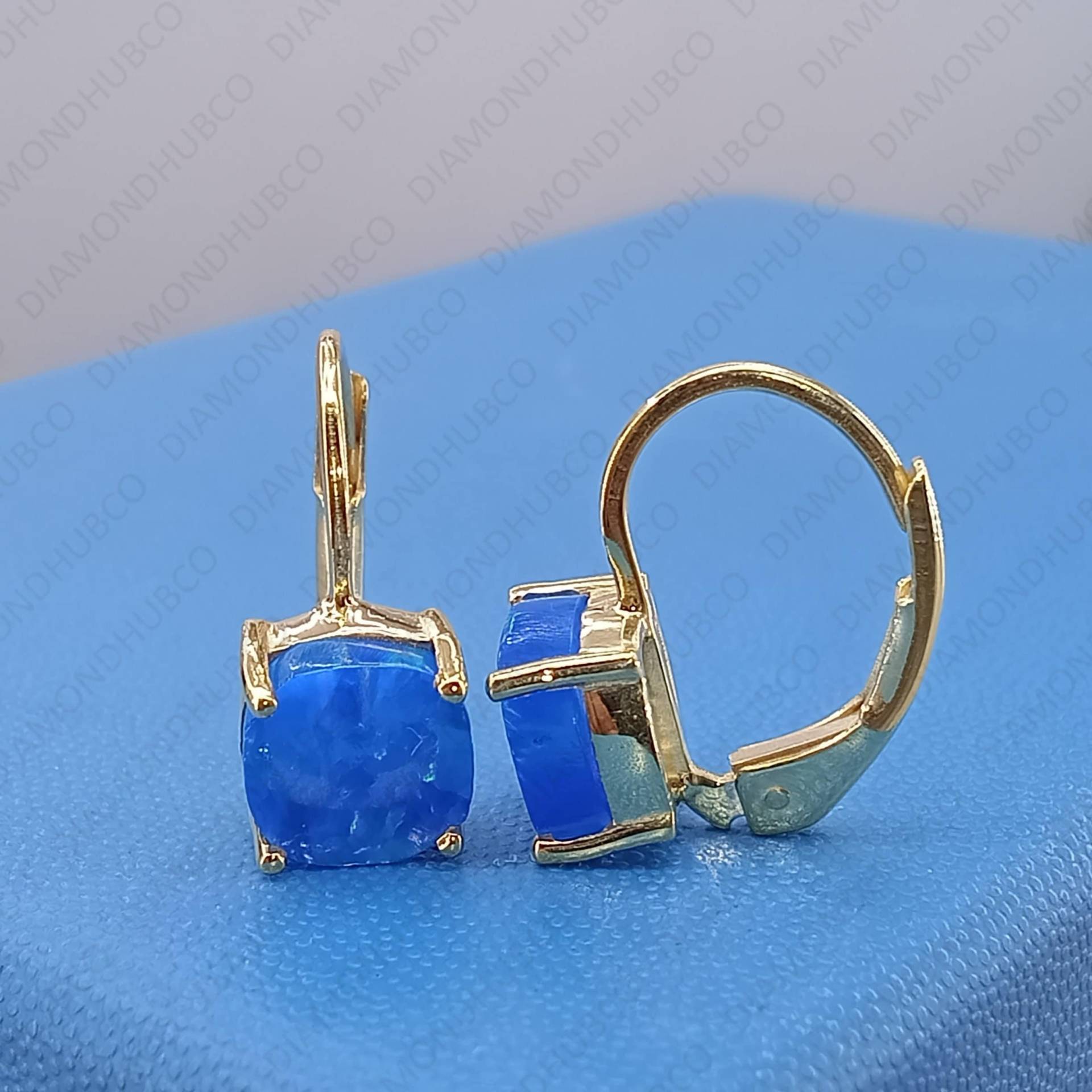 7mm Kissenschliff Blauer Opal Hochzeit Ohrring, Solid 14K Gelbgold Clip Auf Jubiläumsohrring Für Frauen, Drop Dangal Ohrring von DiamondhubCo